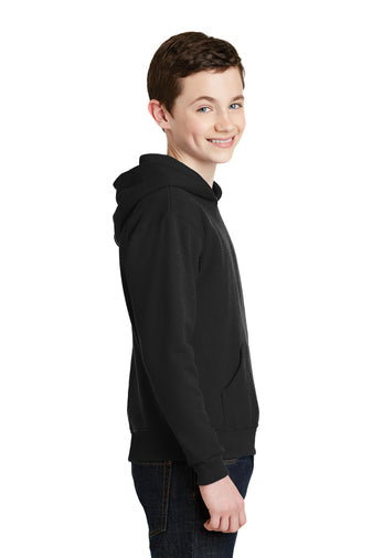 Jerzees® - Youth NuBlend® Pullover Hooded Sweatshirt left chest embroidery. Stitching will vary depending on color of item.