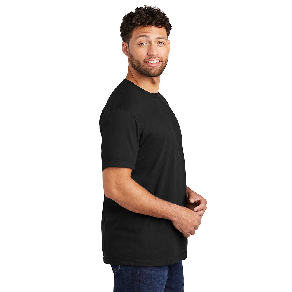 Gildan® Softstyle® CVC Tee with screen print with Left chest Embroidery. Stitch color will vary depending on the color of the item.