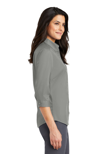 Port Authority® Ladies 3/4-Sleeve SuperPro™ Twill Shirt with left chest embroidery. Stitching will vary depending on color of item.