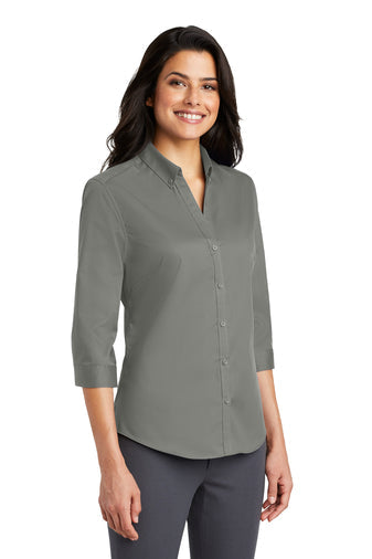 Port Authority® Ladies 3/4-Sleeve SuperPro™ Twill Shirt with left chest embroidery. Stitching will vary depending on color of item.