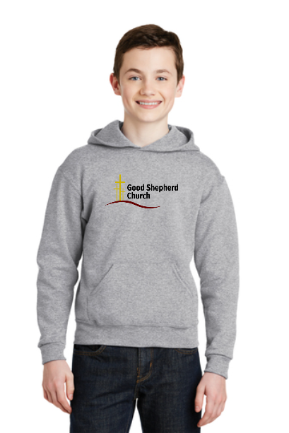 Jerzees® - Youth NuBlend® Pullover Hooded Sweatshirt left chest embroidery. Stitching will vary depending on color of item.