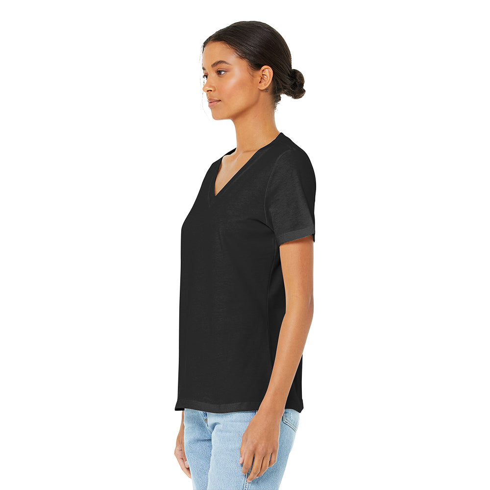 BELLA+CANVAS ® Women’s Relaxed Jersey Short Sleeve V Neck Tee with choice of screen print. Print color will vary depending on the color of the item.