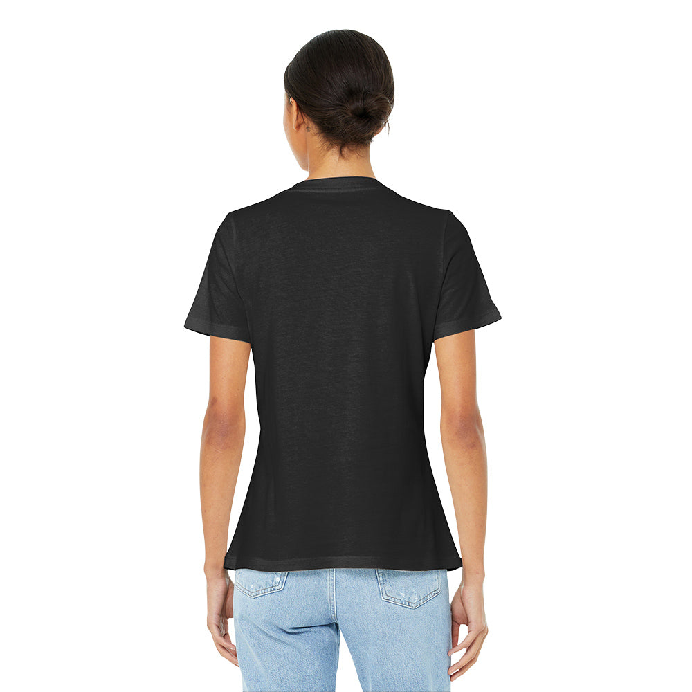 BELLA+CANVAS ® Women’s Relaxed Jersey Short Sleeve V Neck Tee with choice of screen print. Print color will vary depending on the color of the item.