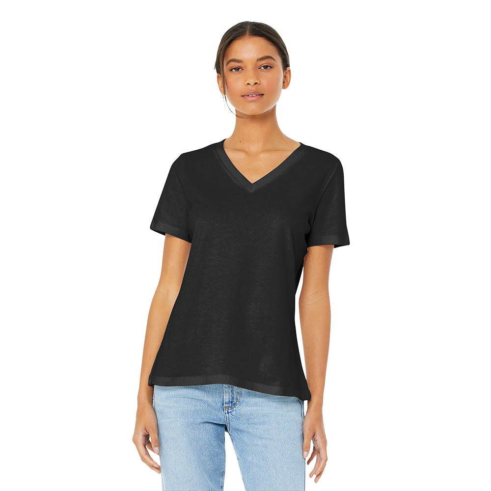 BELLA+CANVAS ® Women’s Relaxed Jersey Short Sleeve V Neck Tee with choice of screen print. Print color will vary depending on the color of the item.