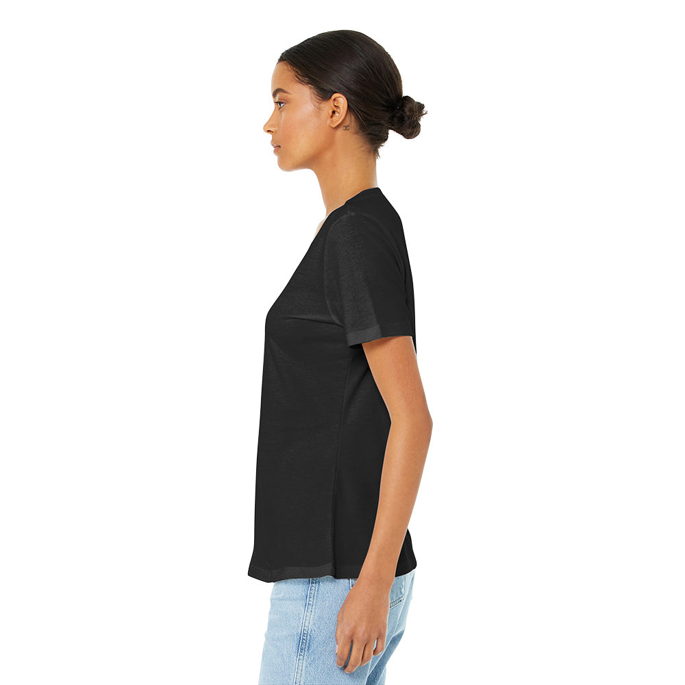 BELLA+CANVAS ® Women’s Relaxed Jersey Short Sleeve V Neck Tee with choice of screen print. Print color will vary depending on the color of the item.
