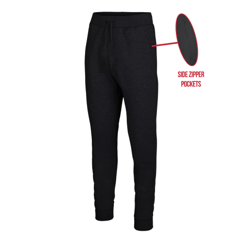 In Play Adult Joggers with Side Zipper Pockets With embroidery on front left thigh.