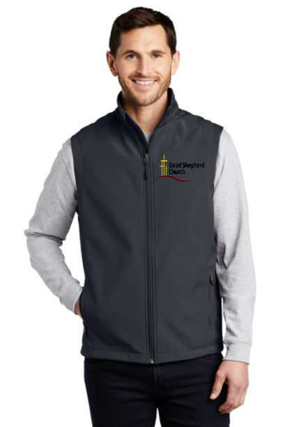 Port Authority Core Soft Shell Vest with left chest embroidery. Stitching will vary depending on color of item.