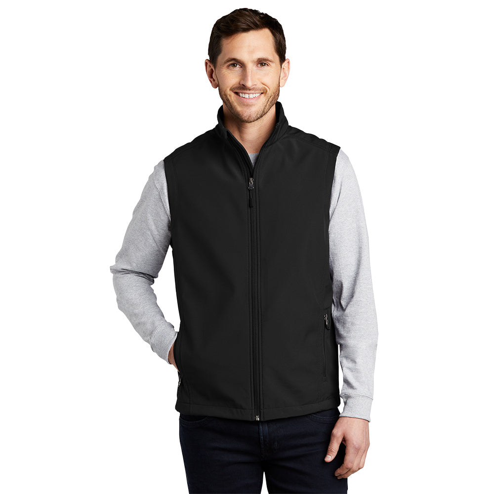Port Authority Core Soft Shell Vest with left chest embroidery. Stitching will vary depending on color of item.