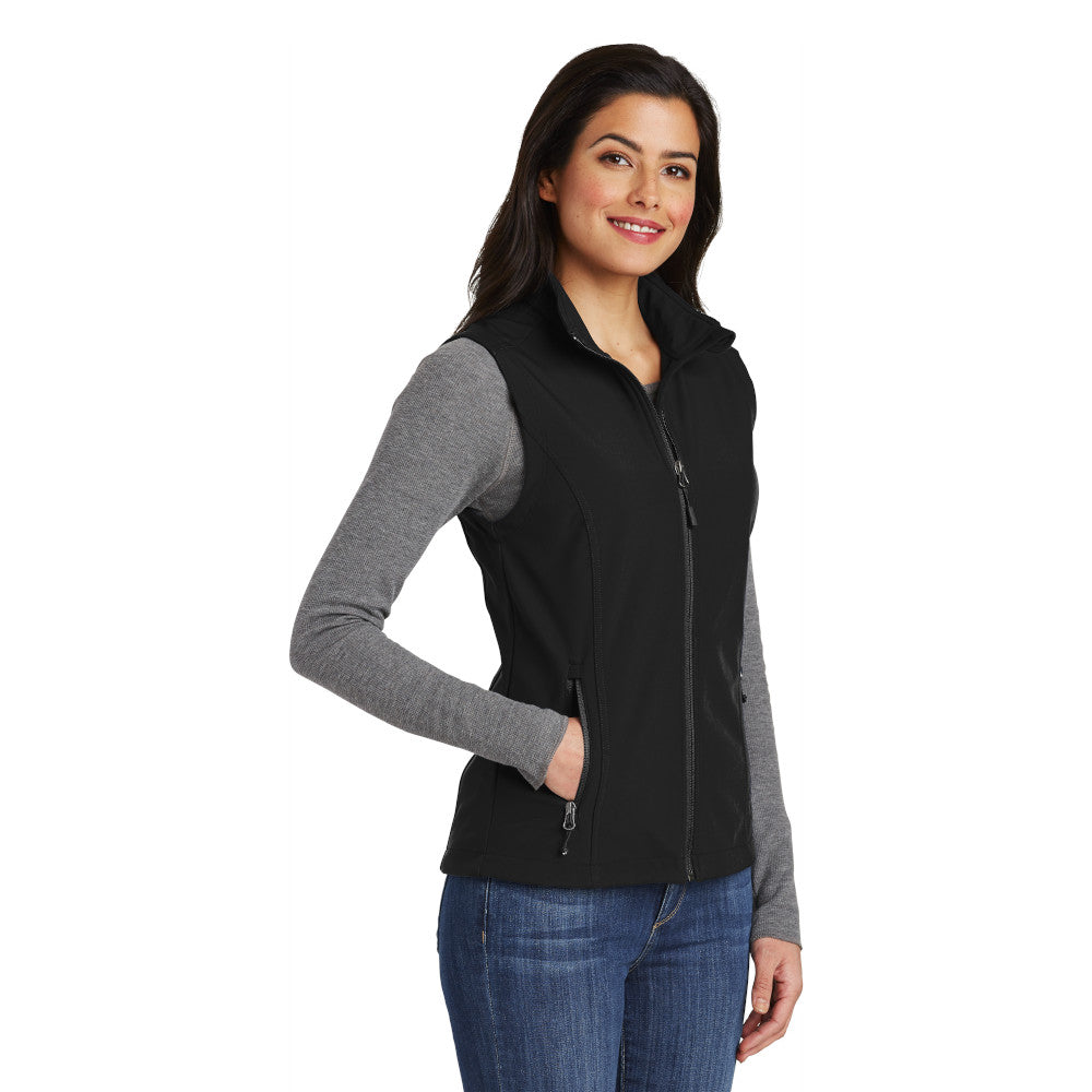 Port Authority Ladies Core Soft Shell Vest with left chest embroidery. Stitching will vary depending on color of item.