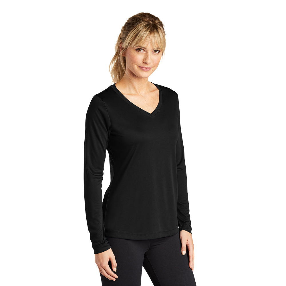 Sport-Tek® Ladies Long Sleeve PosiCharge® Competitor™ V-Neck Tee with choice of screen print. Print color will vary depending on the color of the item.