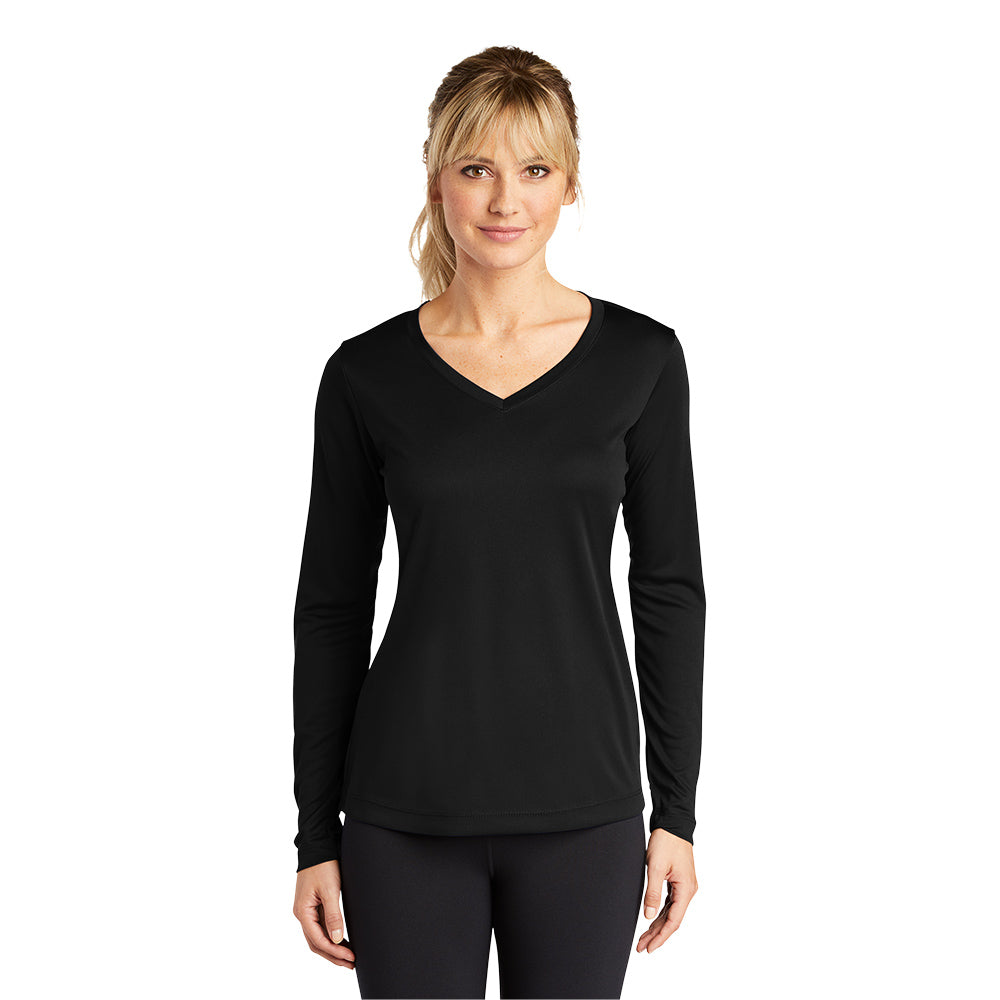 Sport-Tek® Ladies Long Sleeve PosiCharge® Competitor™ V-Neck Tee with choice of screen print. Print color will vary depending on the color of the item.