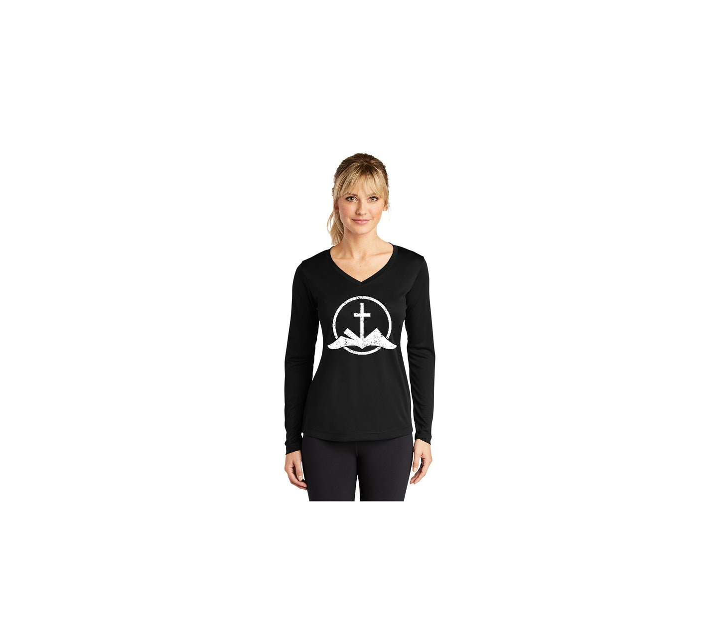 Sport-Tek® Ladies Long Sleeve PosiCharge® Competitor™ V-Neck Tee with choice of screen print. Print color will vary depending on the color of the item.