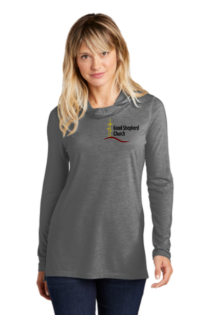 Sport-Tek ® Ladies PosiCharge ® Tri-Blend Wicking Long Sleeve Hoodie with left chest embroidery. Thread color will vary depending on the color of the item.
