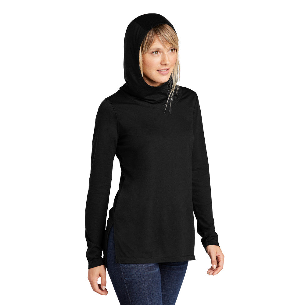 Sport-Tek ® Ladies PosiCharge ® Tri-Blend Wicking Long Sleeve Hoodie with left chest embroidery. Thread color will vary depending on the color of the item.