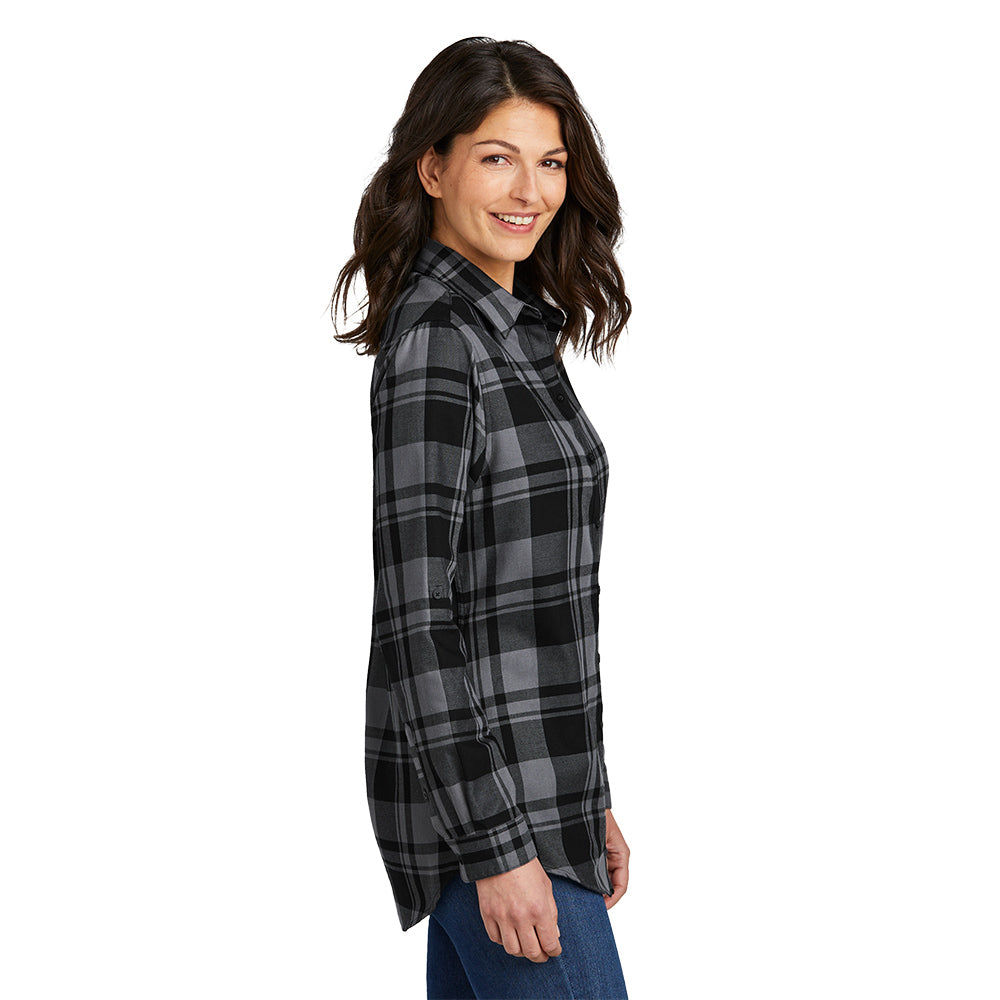 Port Authority® Ladies Plaid Flannel Tunic with left chest embroidery. Stitching will vary depending on color of item.