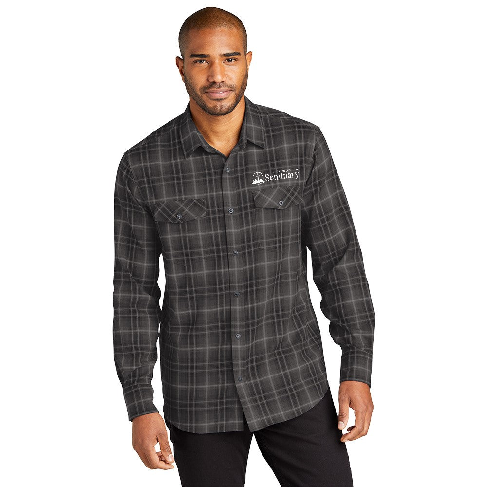 Port Authority® Long Sleeve Ombre Plaid Shirt with left chest embroidery. Stitching will vary depending on color of item.