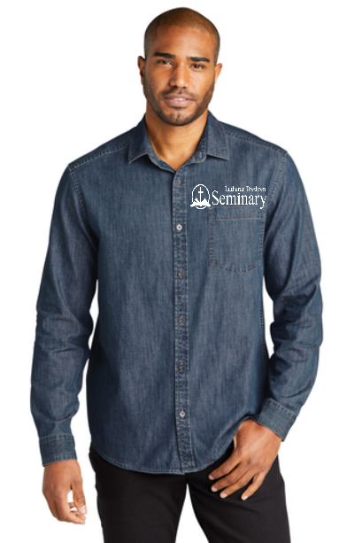 Port Authority® Long Sleeve Perfect Denim Shirt with left chest embroidery. Stitching will vary depending on color of item.
