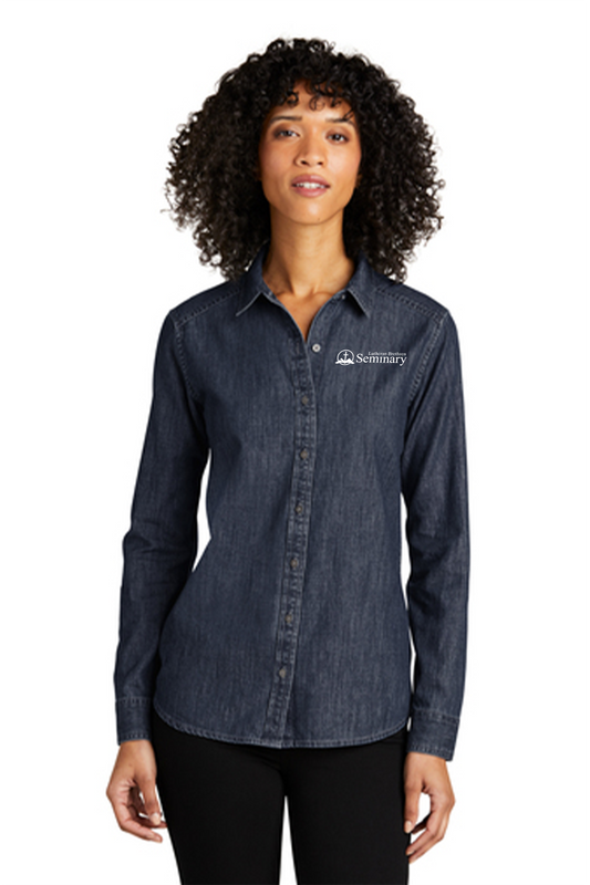 Port Authority® Ladies Long Sleeve Perfect Denim Shirt with left chest embroidery. Stitching will vary depending on color of item.