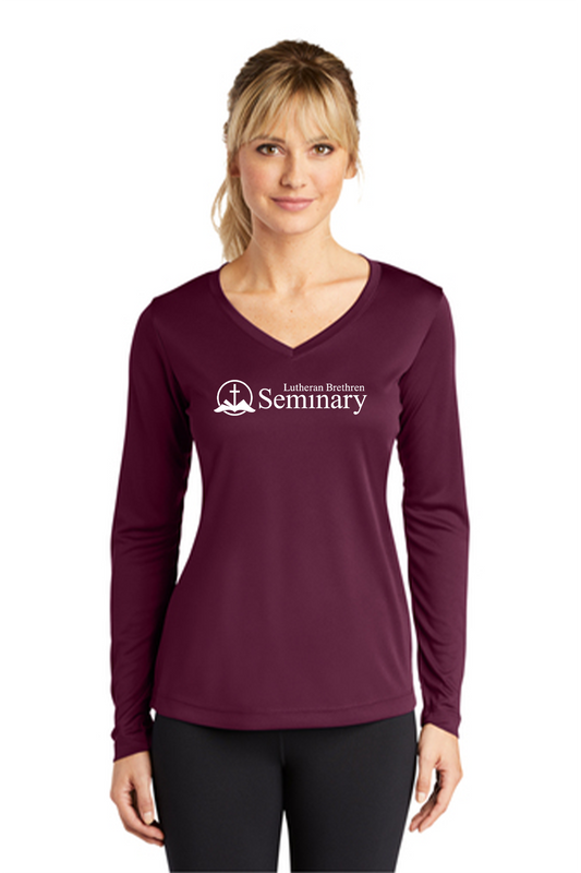 Sport-Tek® Ladies Long Sleeve PosiCharge® Competitor™ V-Neck Tee with choice of screen print.  Print color will vary depending on the color of the item.