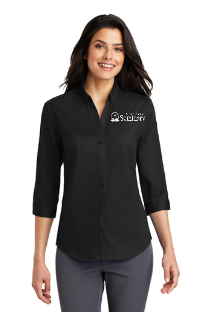 Port Authority® Ladies 3/4-Sleeve SuperPro™ Twill Shirt with left chest embroidery. Stitching will vary depending on color of item.