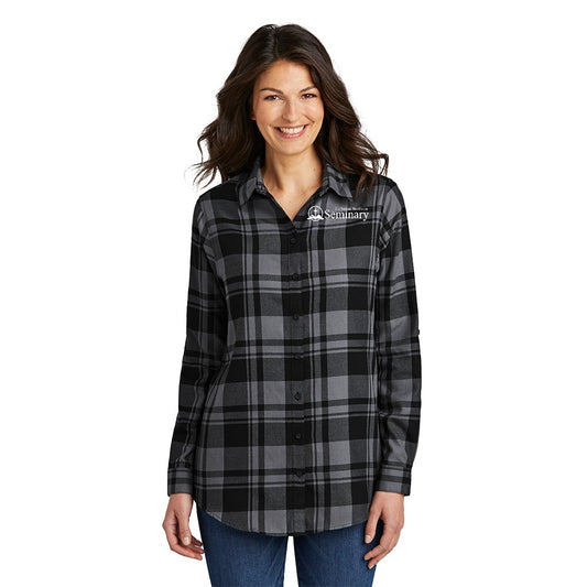Port Authority® Ladies Plaid Flannel Tunic with left chest embroidery. Stitching will vary depending on color of item.