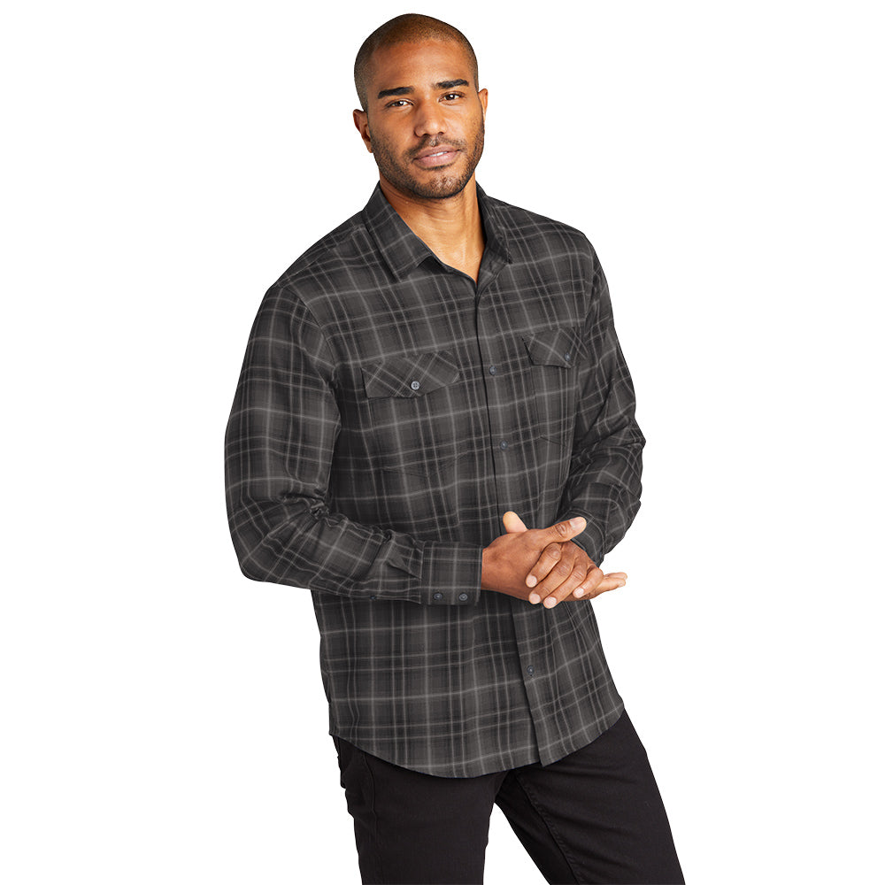 Port Authority® Long Sleeve Ombre Plaid Shirt with left chest embroidery. Stitching will vary depending on color of item.