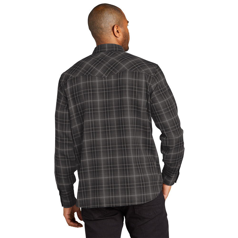 Port Authority® Long Sleeve Ombre Plaid Shirt with left chest embroidery. Stitching will vary depending on color of item.