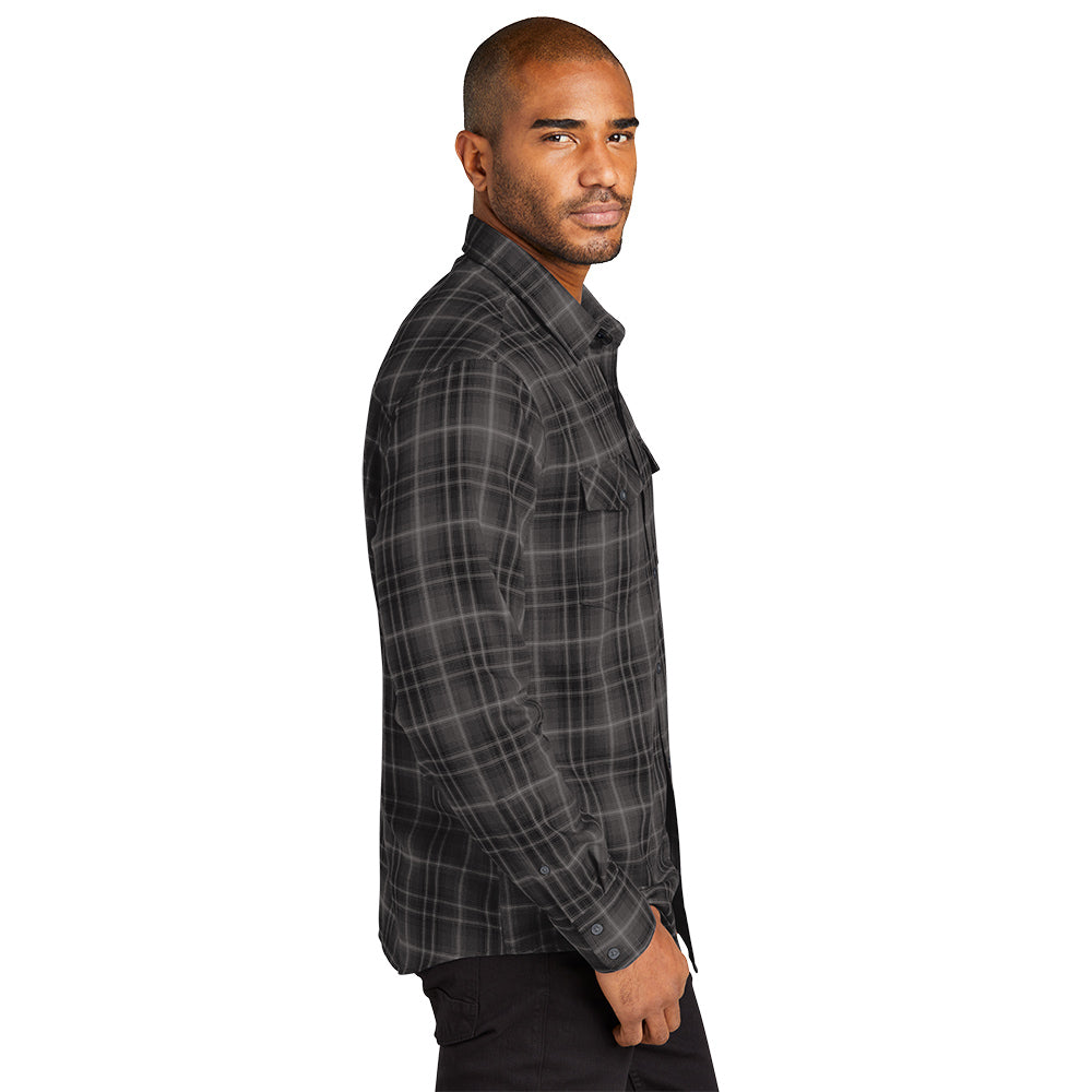 Port Authority® Long Sleeve Ombre Plaid Shirt with left chest embroidery. Stitching will vary depending on color of item.