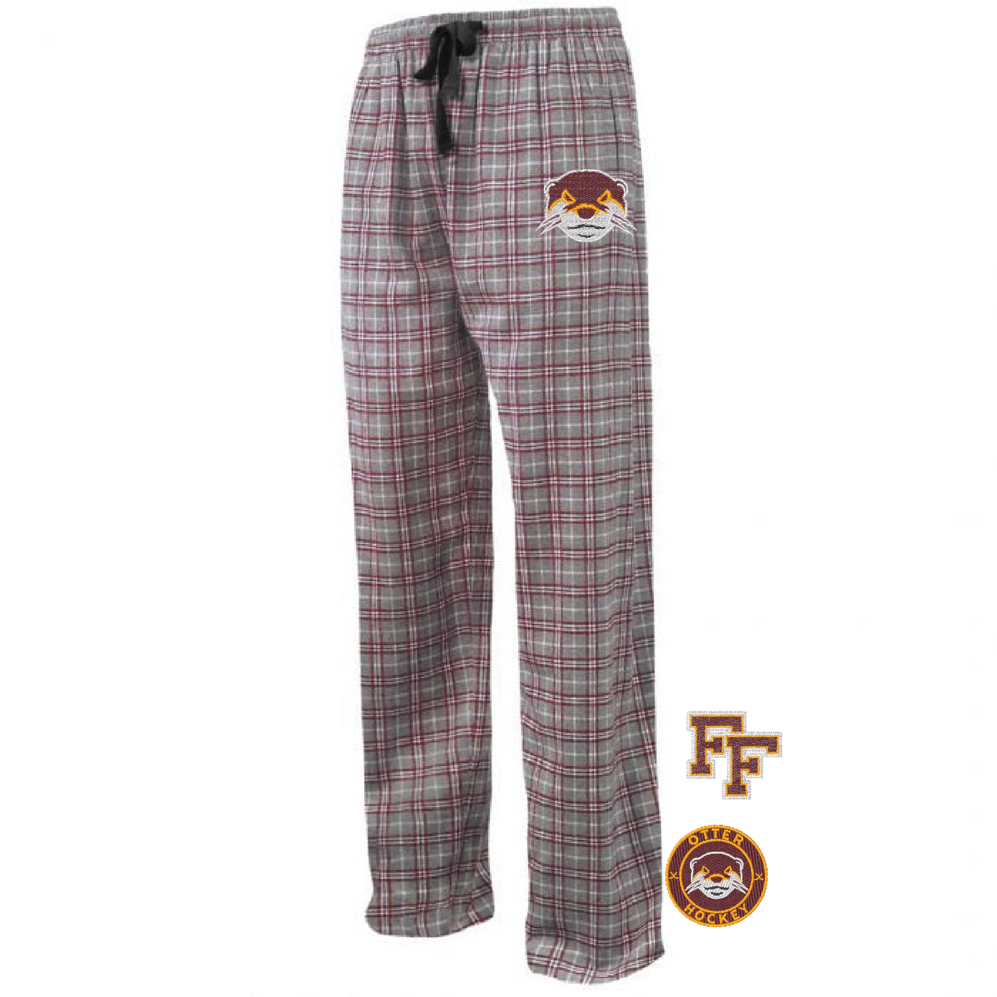Pennant flannel pant with otter face embroidered on top of leg
